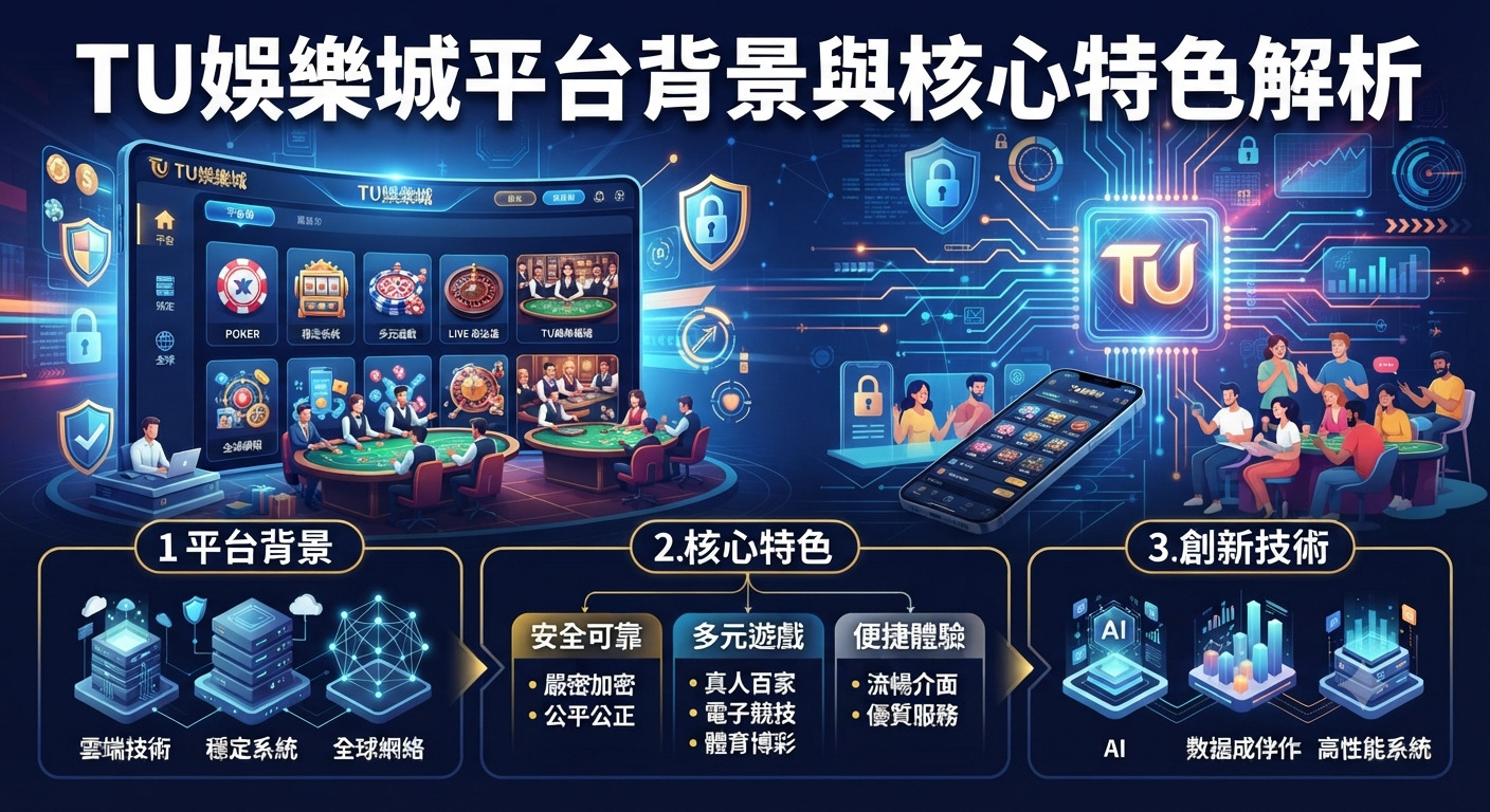 圖片展示了TU娛樂城平台的背景與核心特色，包含多元遊戲、安全機制與創新技術的解析。 畫面以科技感藍色為主調，上方醒目標示著平台主題的繁體中文標題。